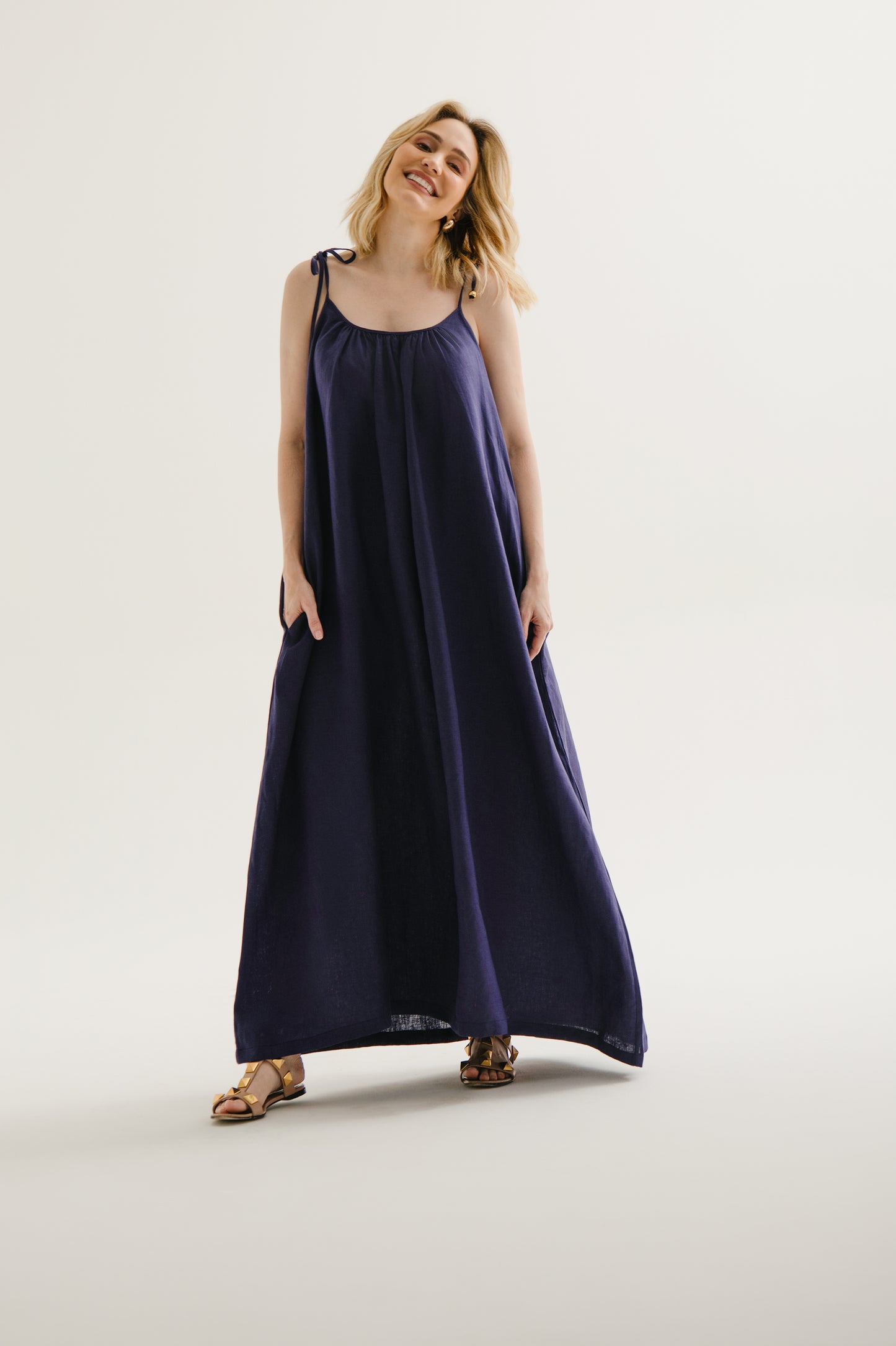 Vestido Longo Linho Azul Marinho