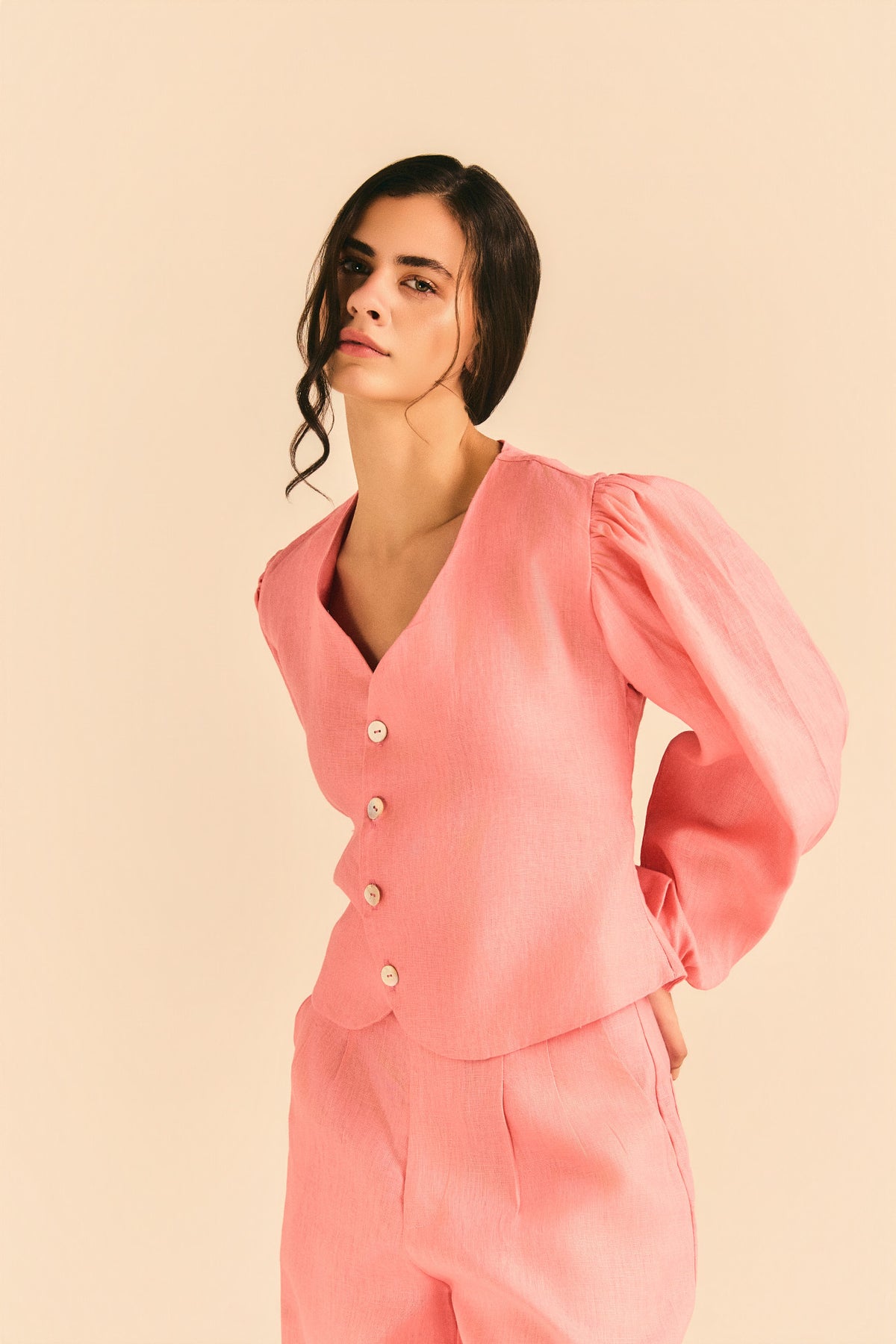 Camisa Eleonora Manga Bufante Linho Rosa Chiclete