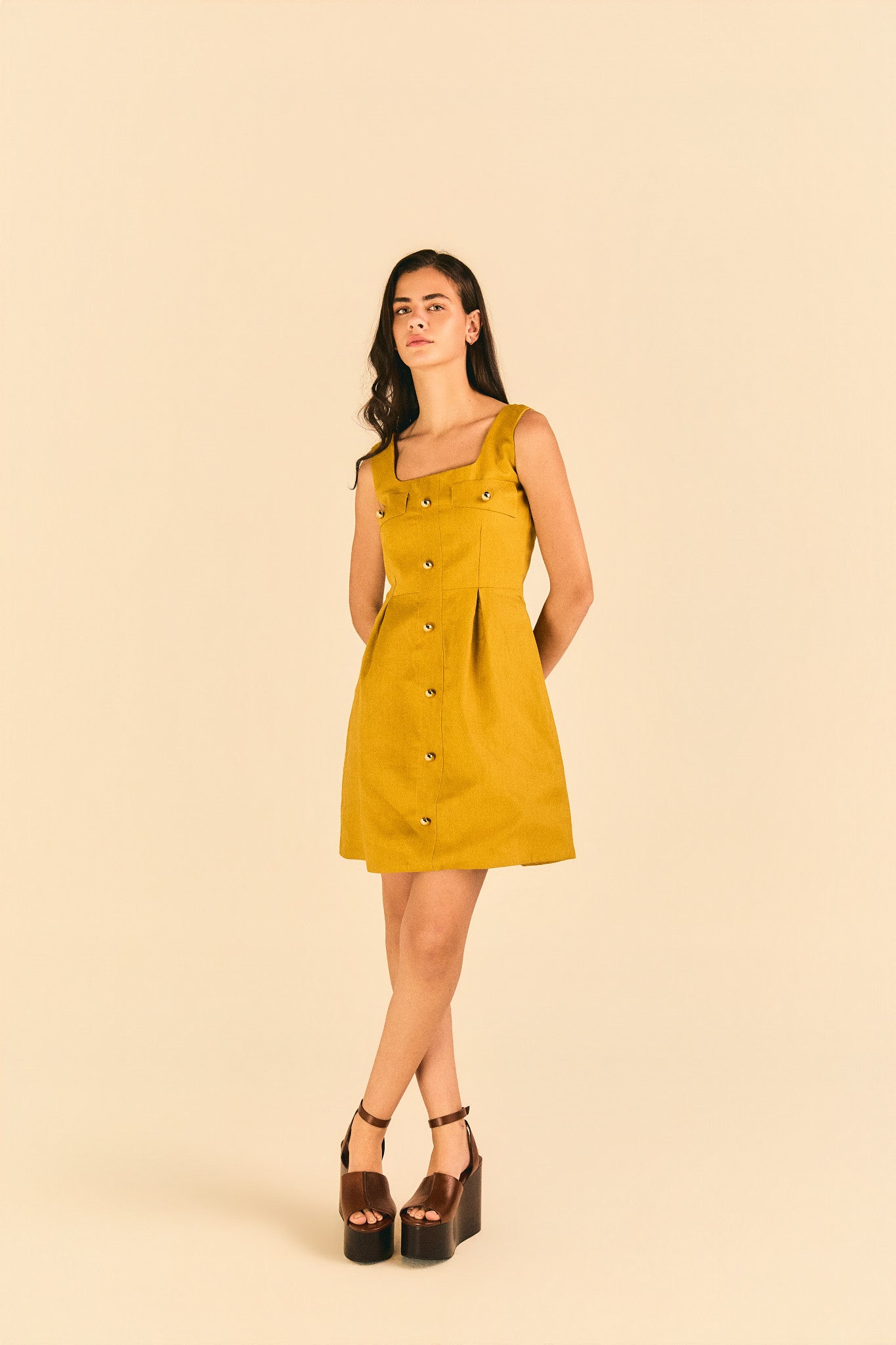 Vestido Serena Linho Puro Amarelo Queimado