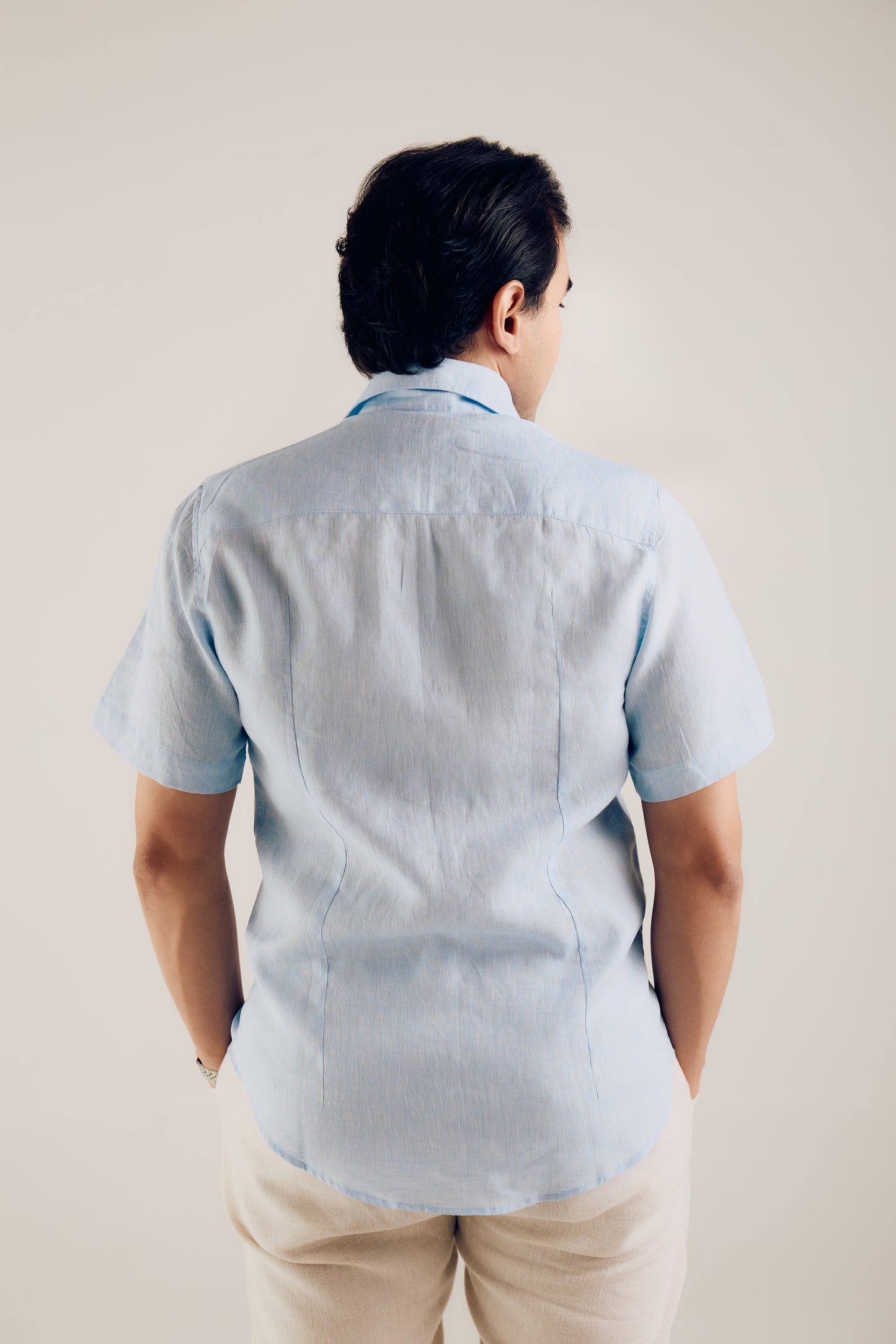 Camisa Masculina 100% Linho Manga Curta Azul Claro