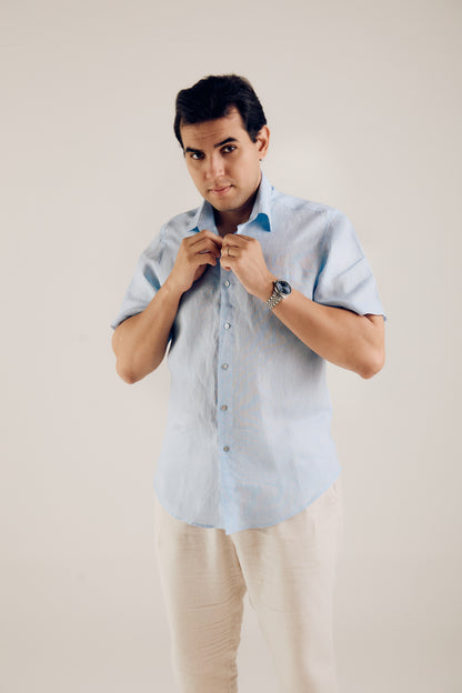 Camisa Masculina 100% Linho Manga Curta Azul Claro