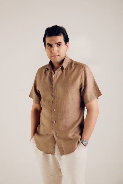 Camisa Masculina 100% Linho Manga Curta Marrom