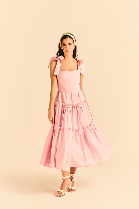 Vestido New Maju Laço Linho Rosa