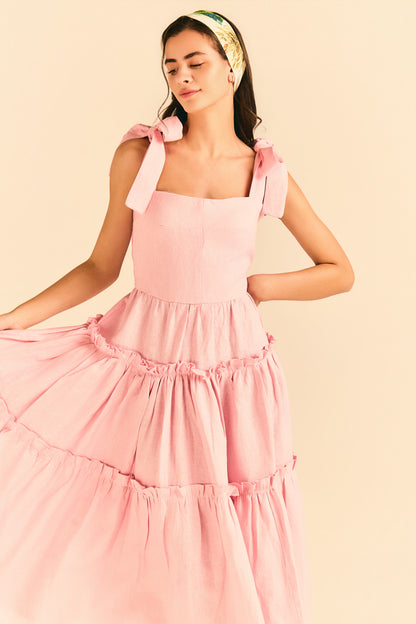Vestido New Maju Laço Linho Rosa