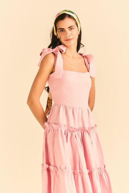 Vestido New Maju Laço Linho Rosa