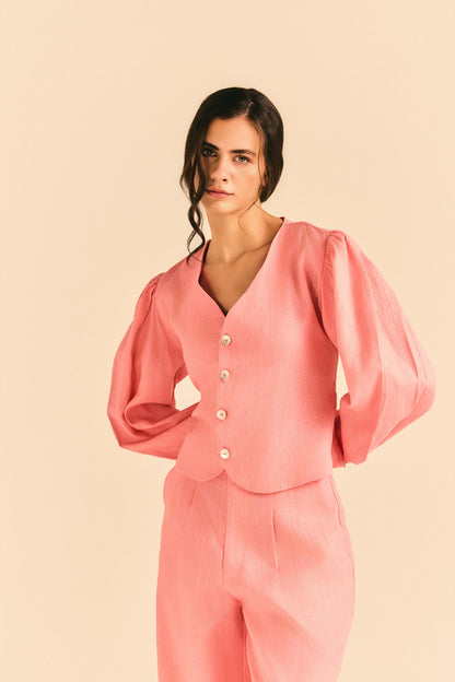 Camisa Eleonora Manga Bufante Linho Rosa Chiclete