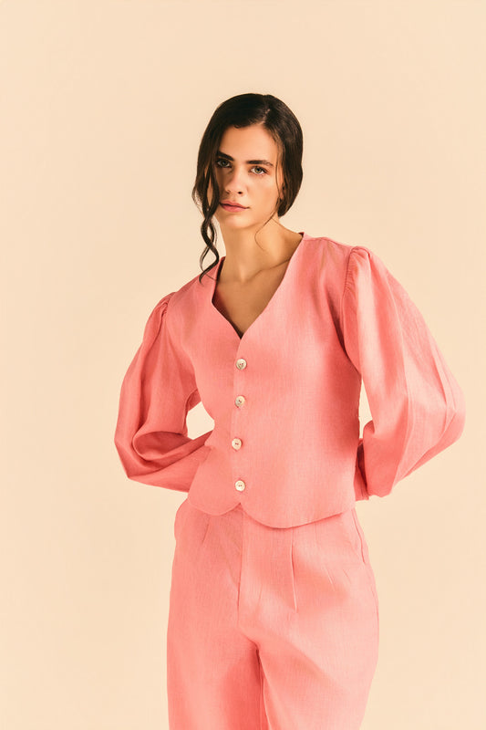 Camisa Eleonora Manga Bufante Linho Rosa Chiclete