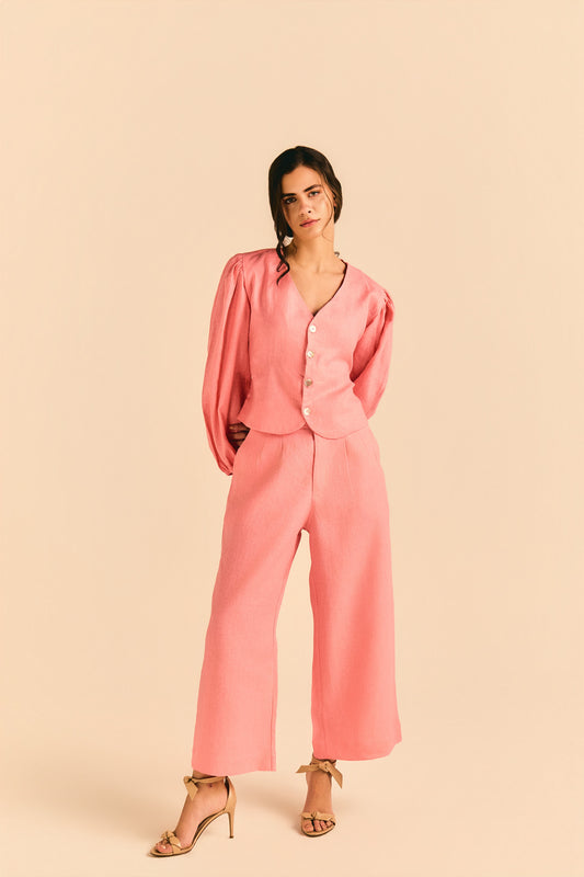 Calça Pantacourt Catarina Linho Rosa Chiclete
