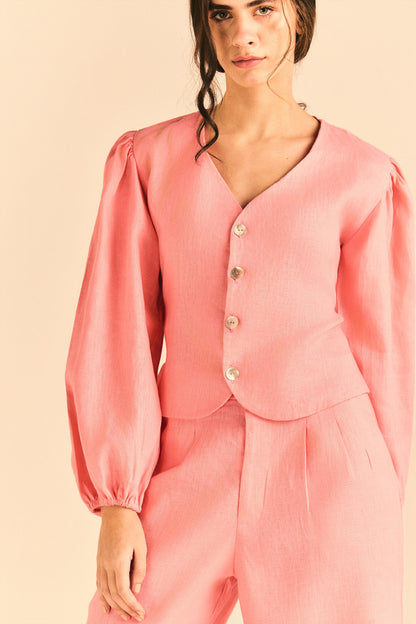 Camisa Eleonora Manga Bufante Linho Rosa Chiclete