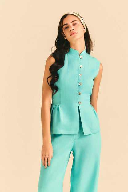 Blusa Aurora Linho Azul Turqueza