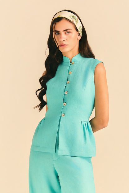 Blusa Aurora Linho Azul Turqueza
