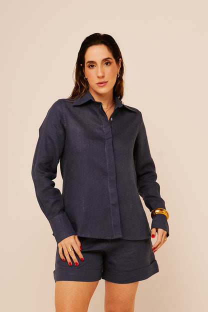 Camisa Anna Manga Longa - Linho Azul Marinho