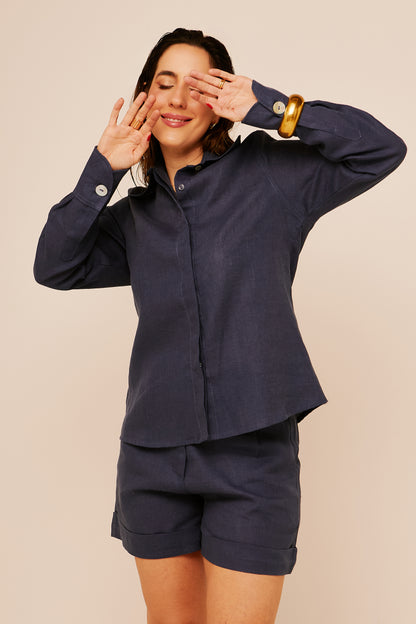 Camisa Anna Manga Longa - Linho Azul Marinho