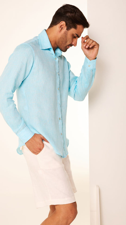 Camisa Masculina Manga Longa Azul Piscina