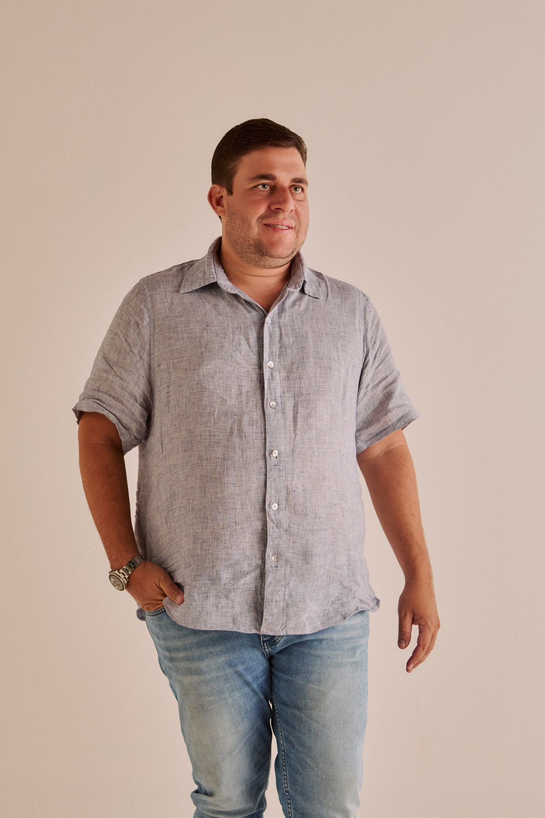 Camisa Masculina Manga Curta Azul Mesclado