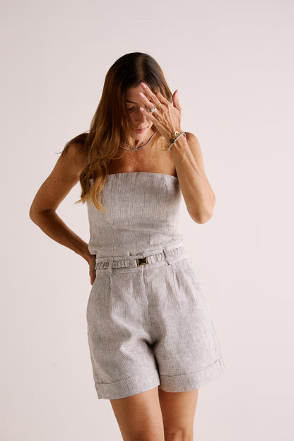 Short Gio Linho Listra Marrom